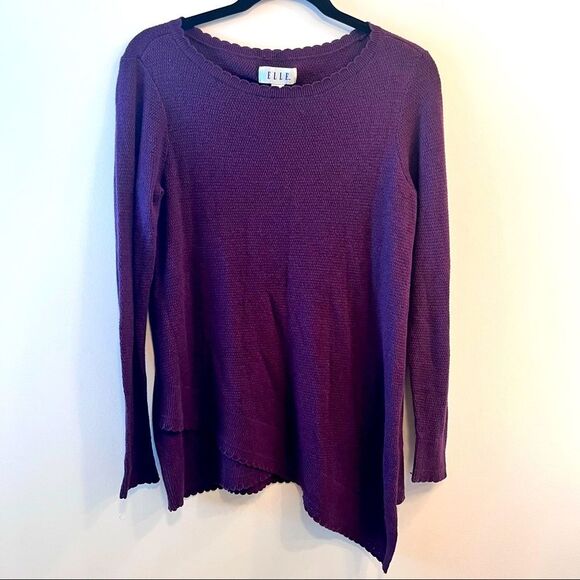 Elle Purple Asymmetrical Scallop Hem Knit Tunic Sweater - Picture 1 of 9